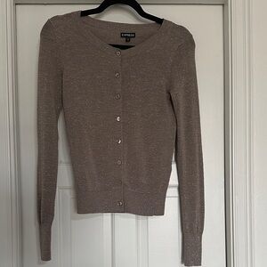 Express Shimmery Taupe Button-Front Crewneck Cardigan